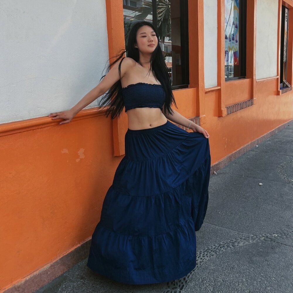 Women’s Navy Blue Maxi Dress - Elegant Tiered Skirt